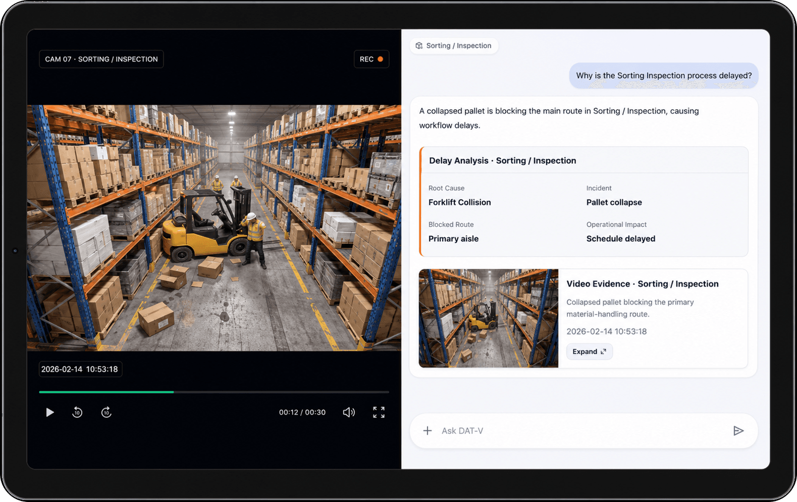현장 영상과 자연어 분석 화면을 보여주는 Factory Vision AI Agent